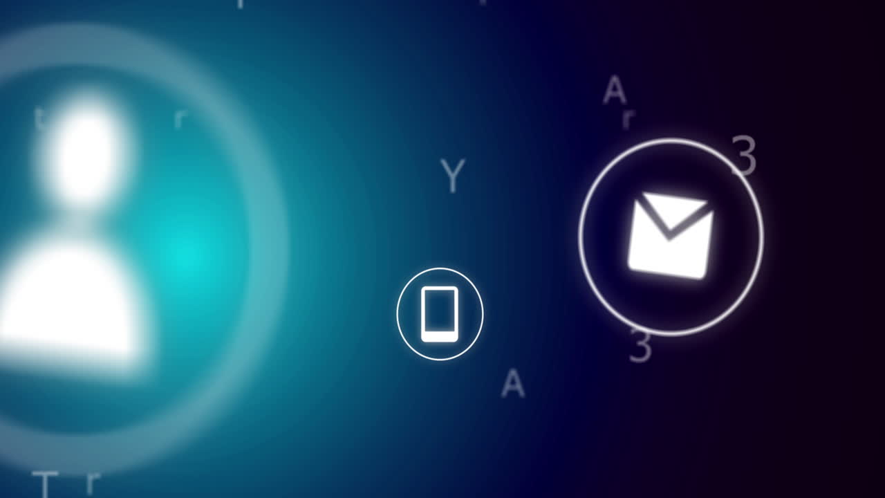 Animation of icons and data processing over blue background