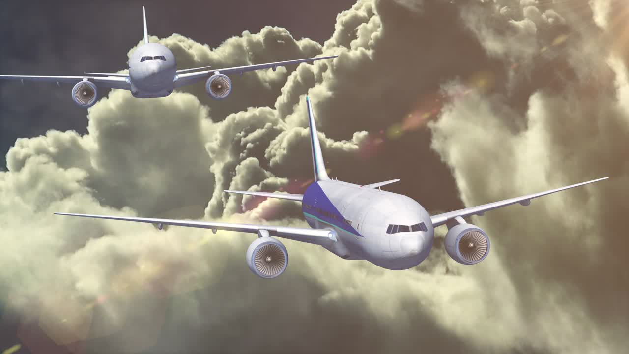 путешествие самолетом, летящим в облачном небе анимация