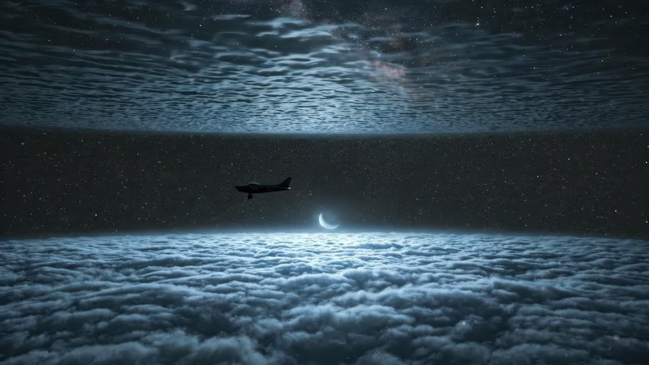 Piccolo aeroplano che vola sopra le nuvole con la luna e il cielo stellato riflessi nell'acqua.