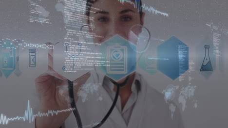 animación de procesamiento de datos e iconos médicos sobre una doctora caucásica sonriente