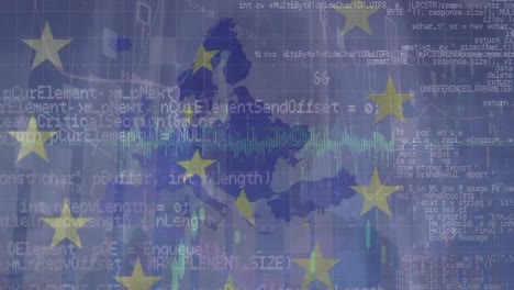 Animación-De-Datos-Diversos,-Mapa-De-Europa-Y-Bandera-De-La-Unión-Europea