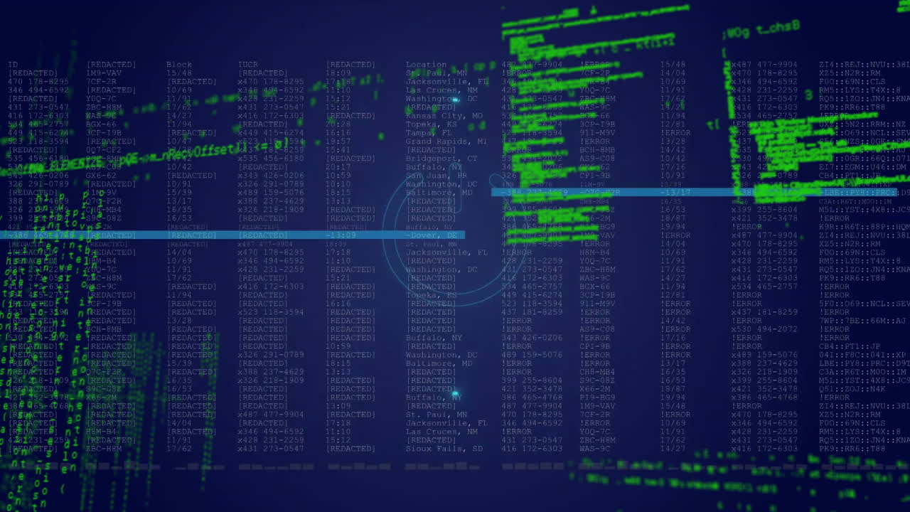 Animation of data processing over scope on black background