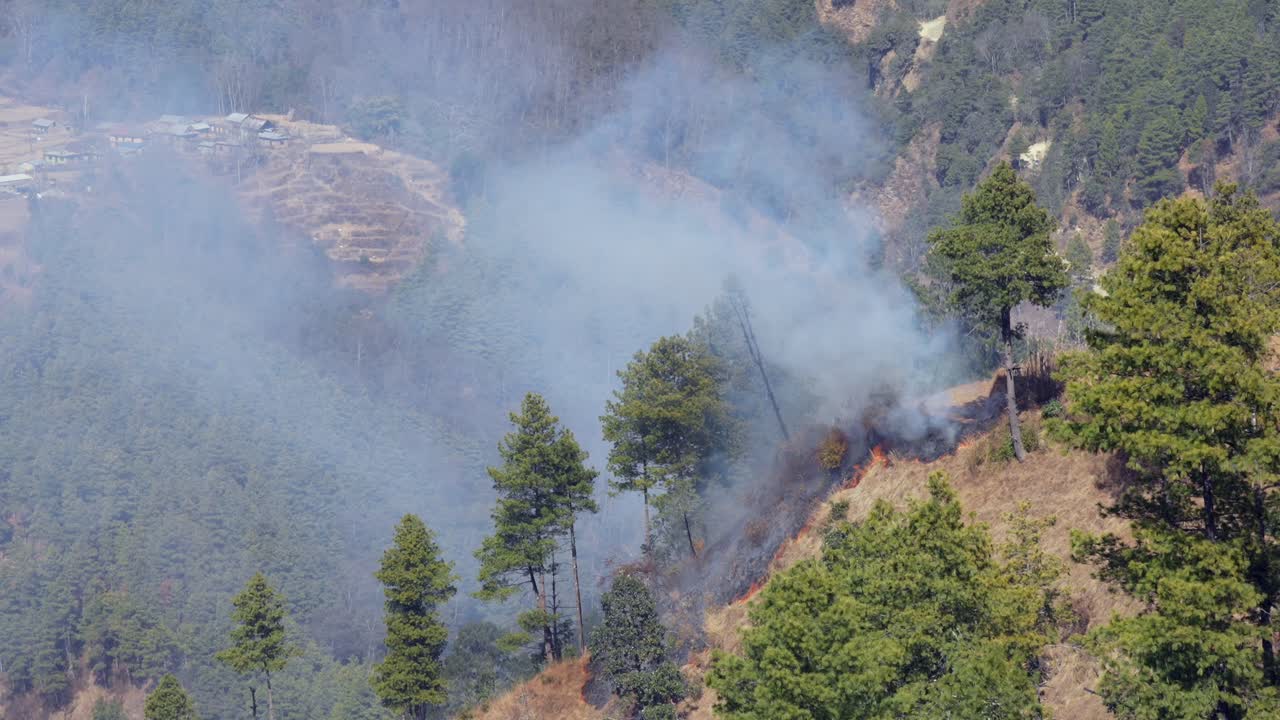un incendio forestal en la cima de una montaña que quema la maleza en nepal
