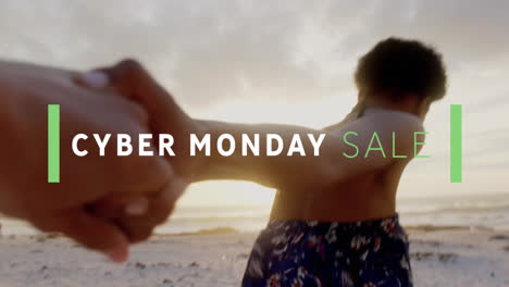 animación de venta de texto de cyber monday sobre una pareja biracial tomándose de la mano en la playa