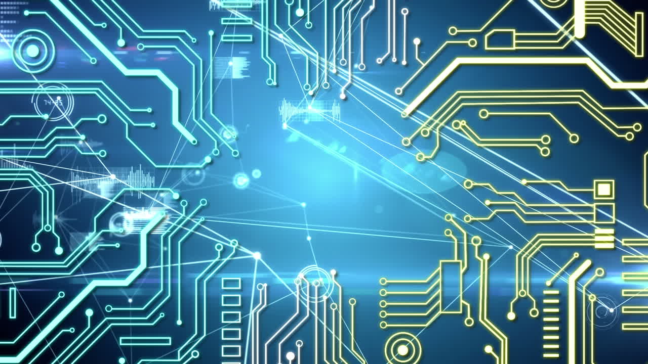 animación de la red de conexiones con la placa de circuitos informáticos