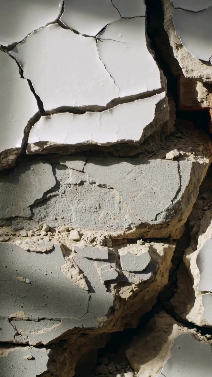 Vertical video: Shifting camera filming cracks in white plaster, cement showing red brick interior