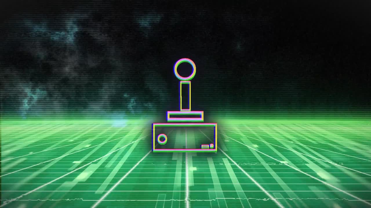 녹색 반 ⁇ 이는 빛의 트레일에  ⁇ 박이는 비디오 게임 조이스틱의 애니메이션