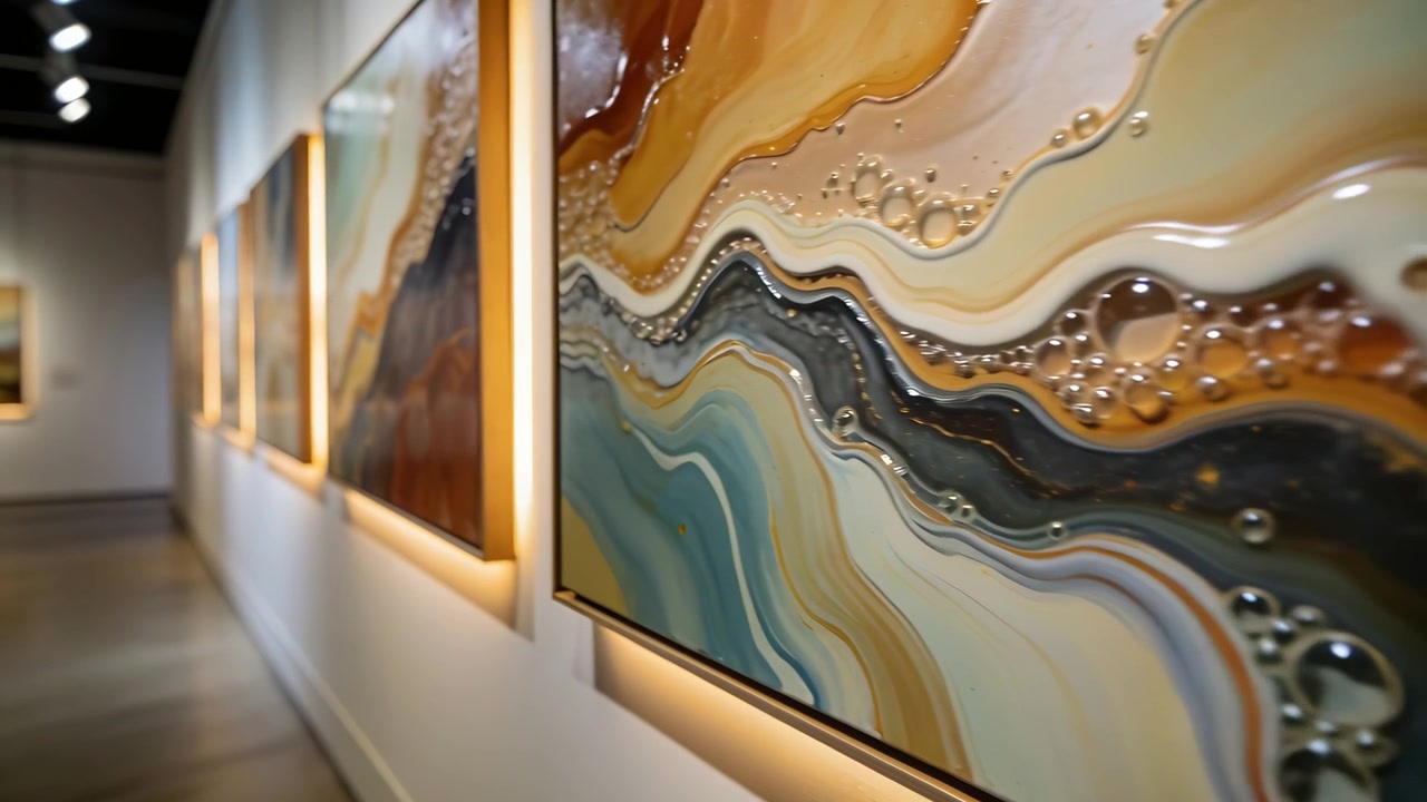 Sequenza di apertura con telecamera scorrevole, che mostra un'opera d'arte in resina sulla destra in una galleria, con cornice illuminata d'oro e bolle.