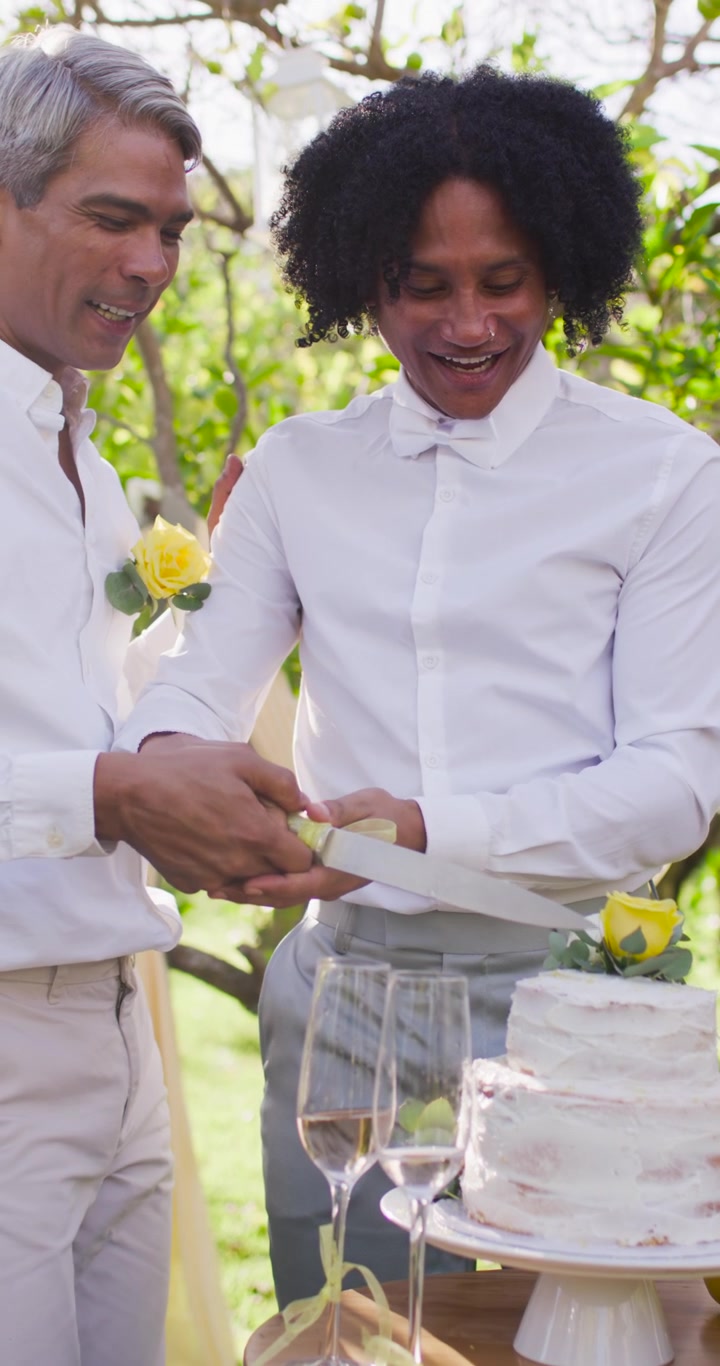 Video verticale: Due uomini in camicia bianca in giardino, l'uomo anziano che porge un coltello per tagliare la torta nuziale