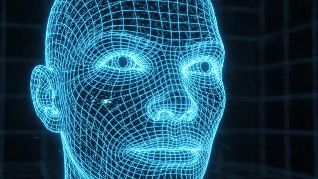 Esplorando l'evoluzione della rappresentazione digitale: un modello wireframe 3D di una testa umana che si trasforma in un'interfaccia dati complessa