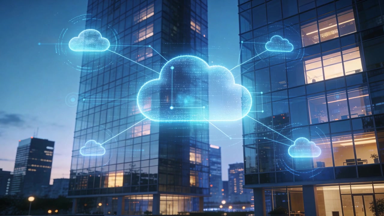 Frames showing hologram cloud network pulsing and glowing over glass towers at dusk, syncing