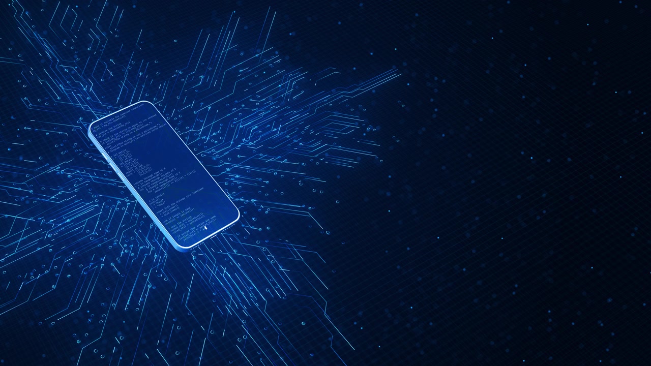 Mobile technology circuit visual with blue phone outline data code display radiant electronic paths