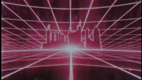 80s retro vhs cinta de videojuego intro paisaje vector arcade wireframe ciudad 4k