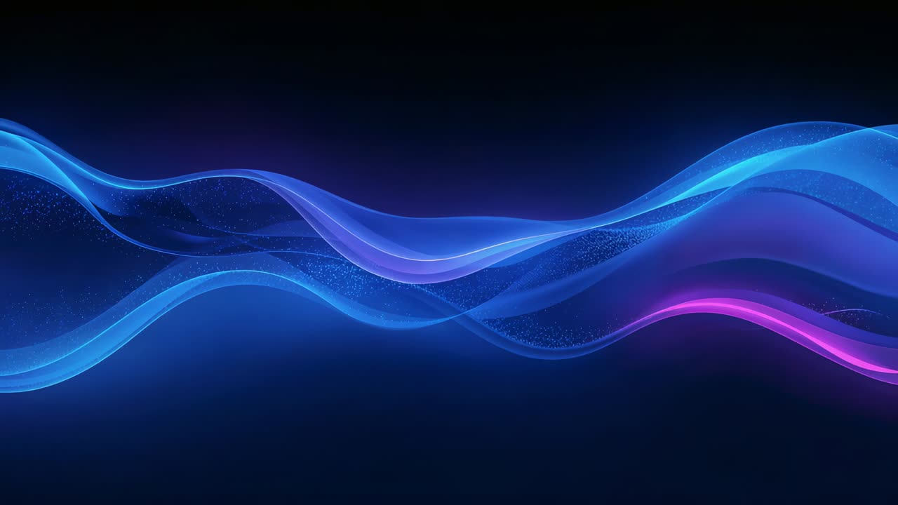 Loop starting translucent neon ribbons shifting across dark gradient for background with particles