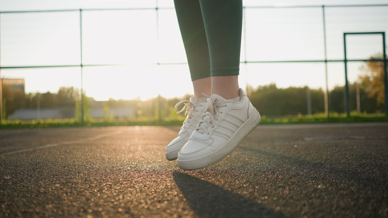 초록색 레을 입은 여자가 빛에 뛰어다니며 배경에 따뜻한 황금빛을 만들어 배구 연습의 역동적인 순간을 포착합니다.