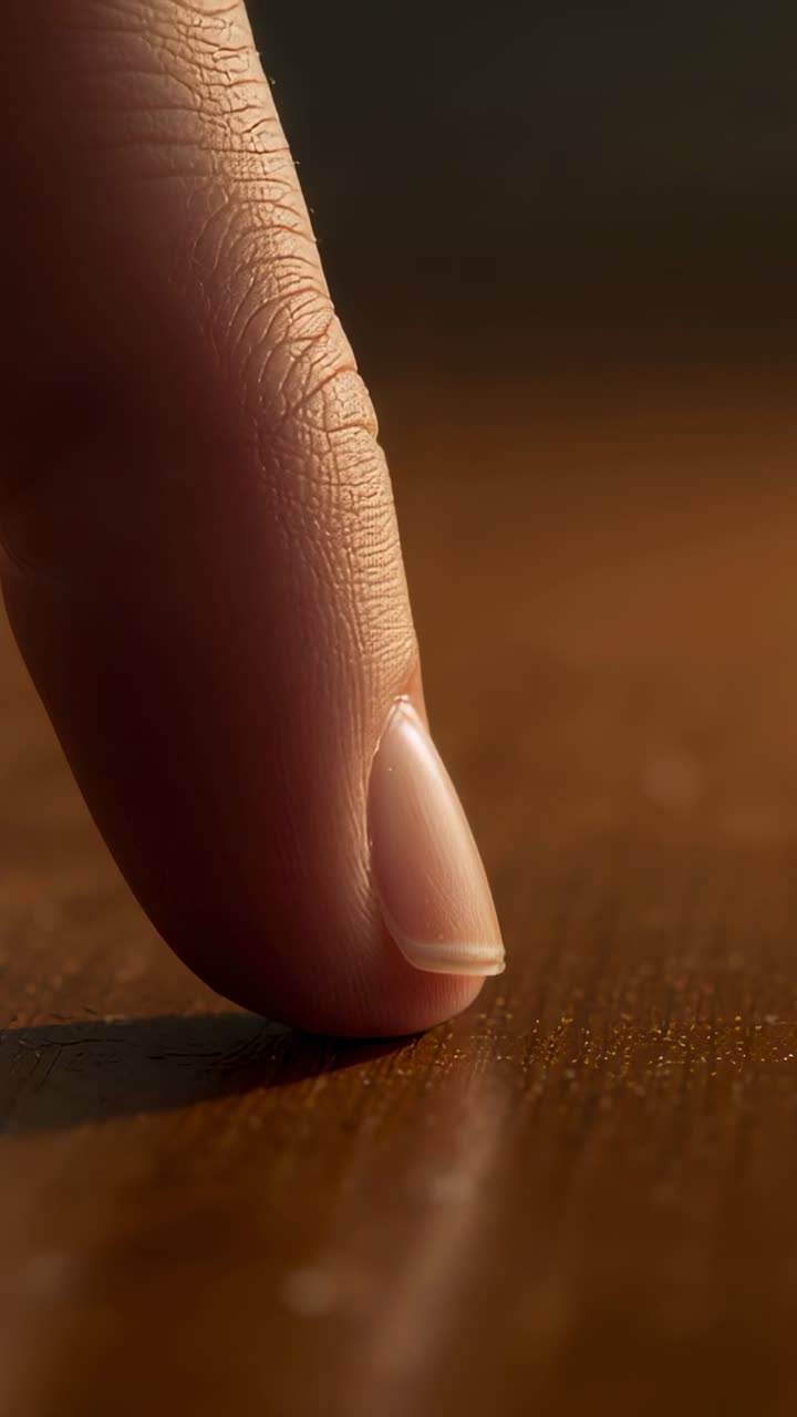 Vertical video: Lowering adult fingertip pressing then lifting from wood surface showing nail shine