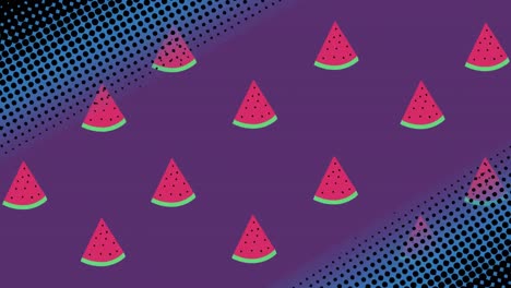 Animation-of-watermelon-spinning-over-spots-on-purple-background