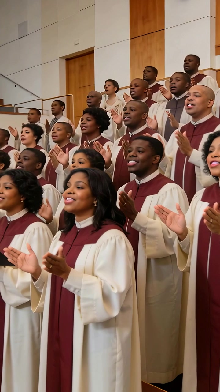 Vertical video: Panning choir clapping and singing on risers at church for worship, choir robes