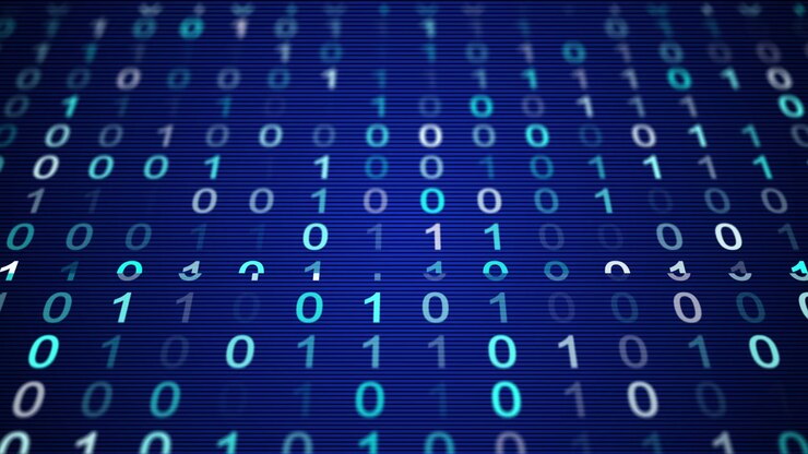 Digital Binary Code Streaming on Dark Blue Background