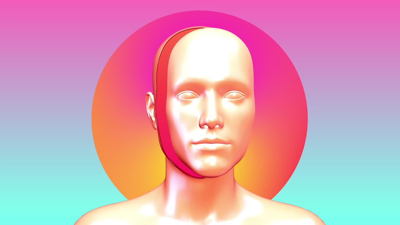 기하학적 모양을 가진 인간 몸의 추상 예술 개념, 창의적인 현대 모션 스타일의 현실적인 3d 캐릭터 남자 또는 여자, 미니멀 그래픽, 다채로운 사이키델릭 디자인, 밝은 패션 루프 애니메이션.