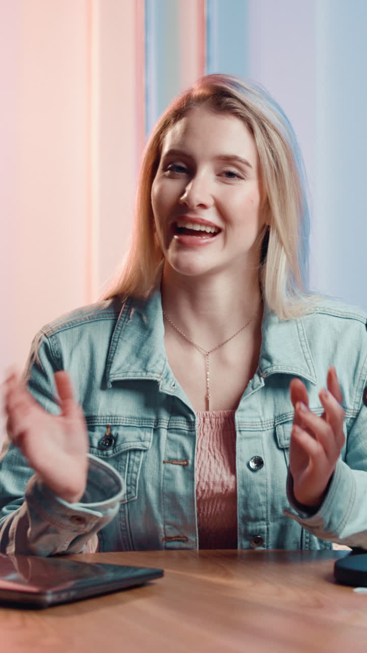 Donna bionda che fa vlog con giacca di jeans