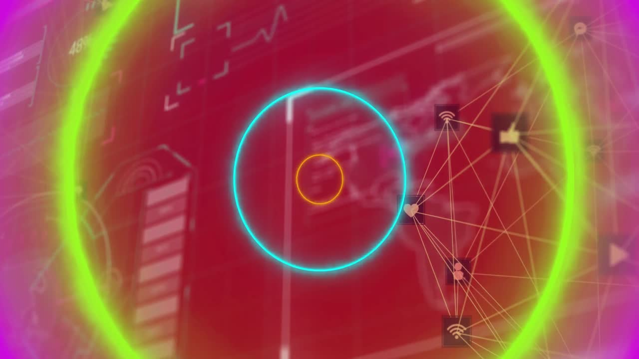 Animation of data processing over neon shapes