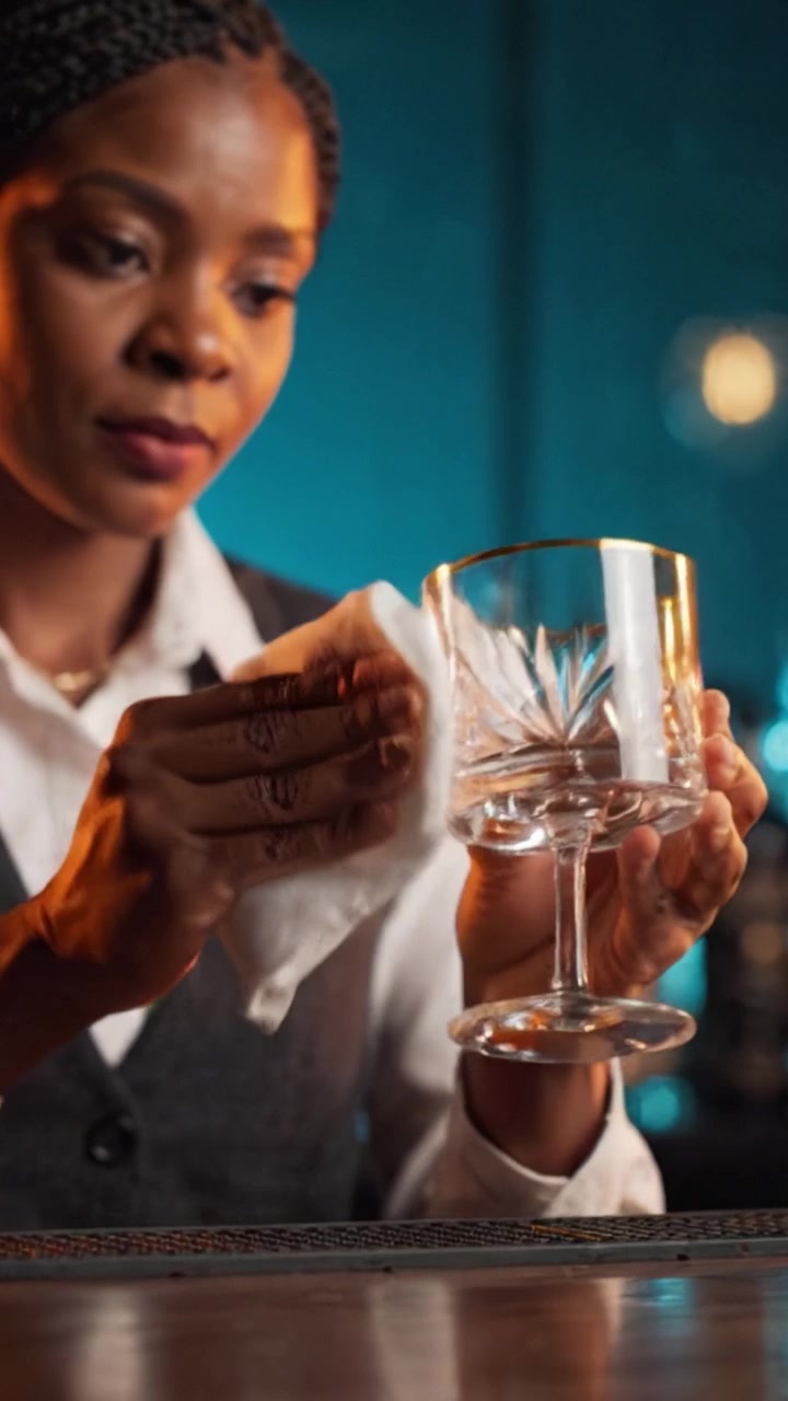 En dygtig bartender pudser omhyggeligt et krystalglas, hvilket fremviser kunsten at mixe drinks og sans for detaljer i et stilfuldt og indbydende barmiljø.
