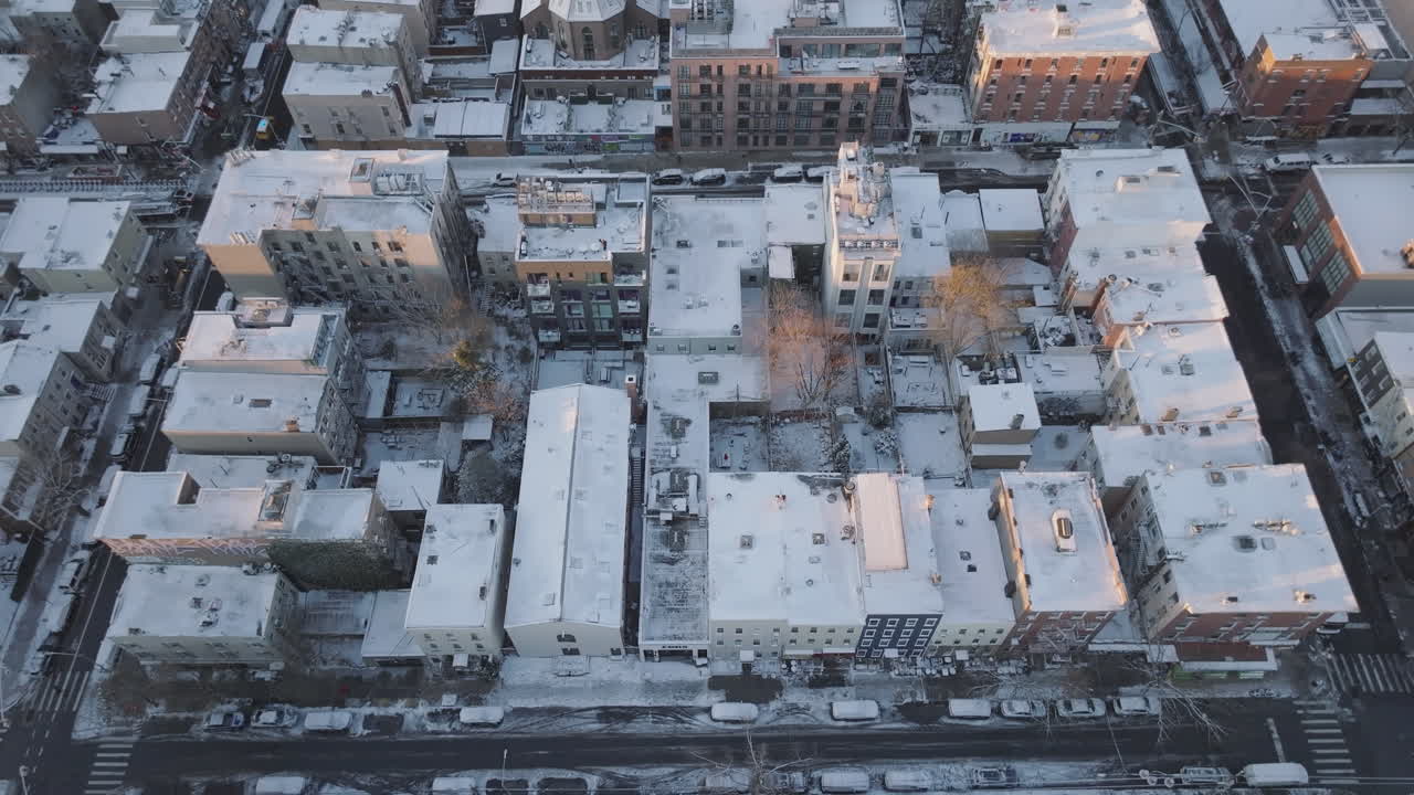 Aerial view of Williamsburg, Brooklyn on a winter morning. Shot in New York City.