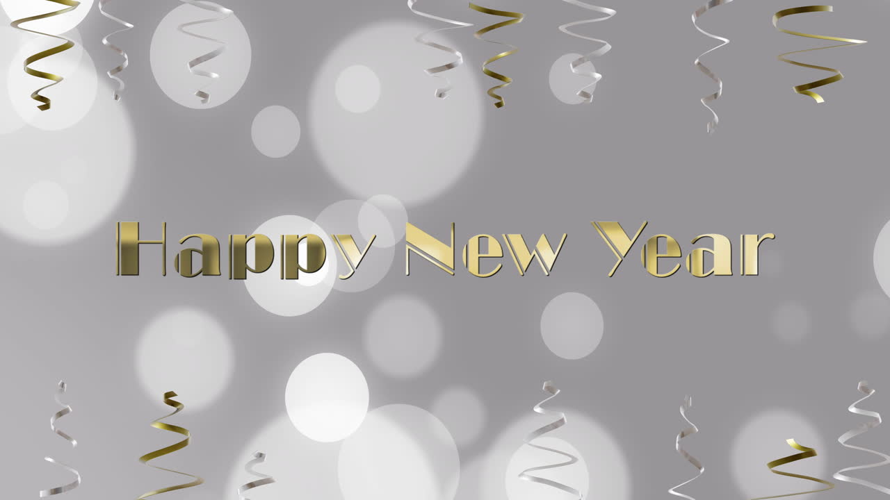 Animación de texto "Feliz Año Nuevo", serpentinas de fiesta y confeti en fondo gris