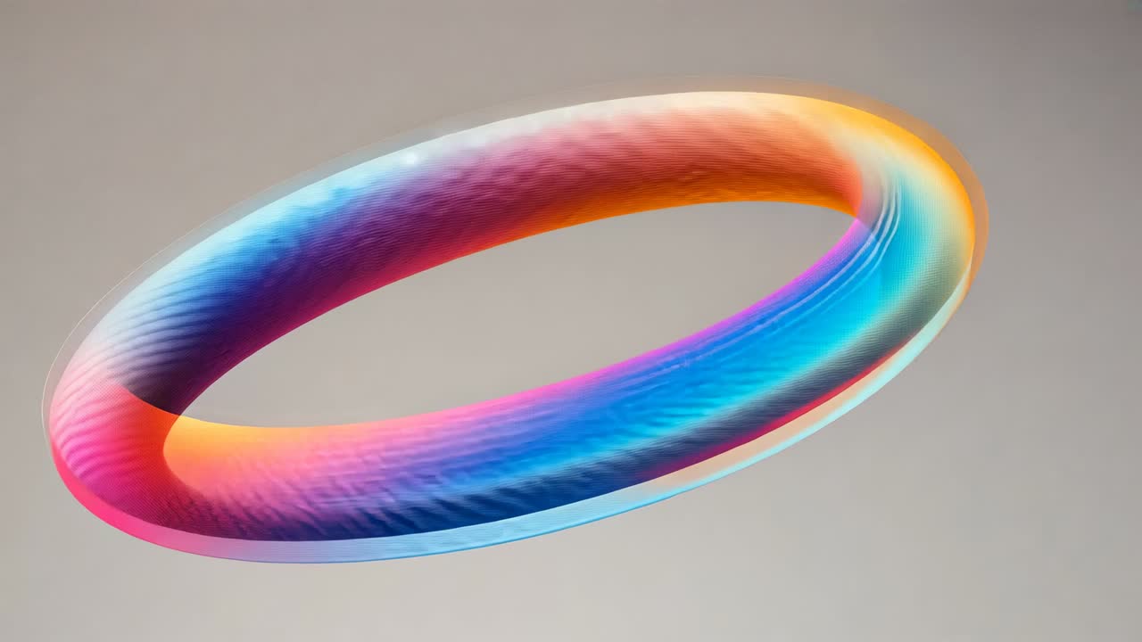 3D torus ring starting rotation on opening frame in neutral studio, revealing shifting hues
