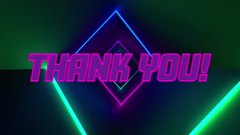 animation of thank you text banner over neon square tunnel against black background