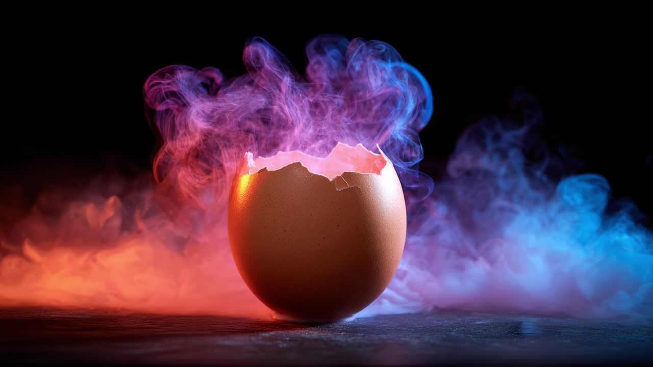 Una visuale mozzafiato di un guscio d'uovo con fumo colorato che emana dalla sua superficie incrinata, che simboleggia trasformazione e nuovi inizi in un'atmosfera misteriosa.