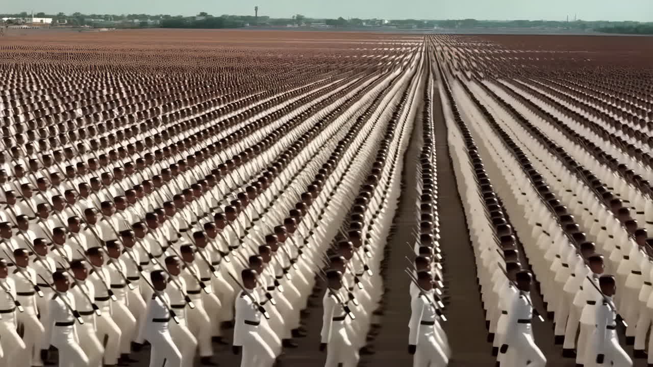 Massive Military Parade with Soldiers in White Uniforms Marching in Formation