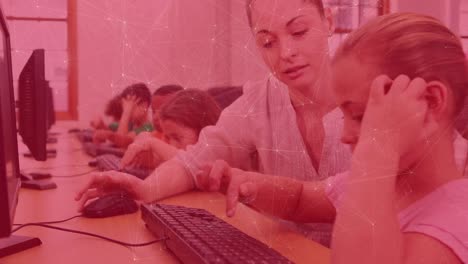network of connections over caucasian female teacher teaching computer to caucasian girl at school