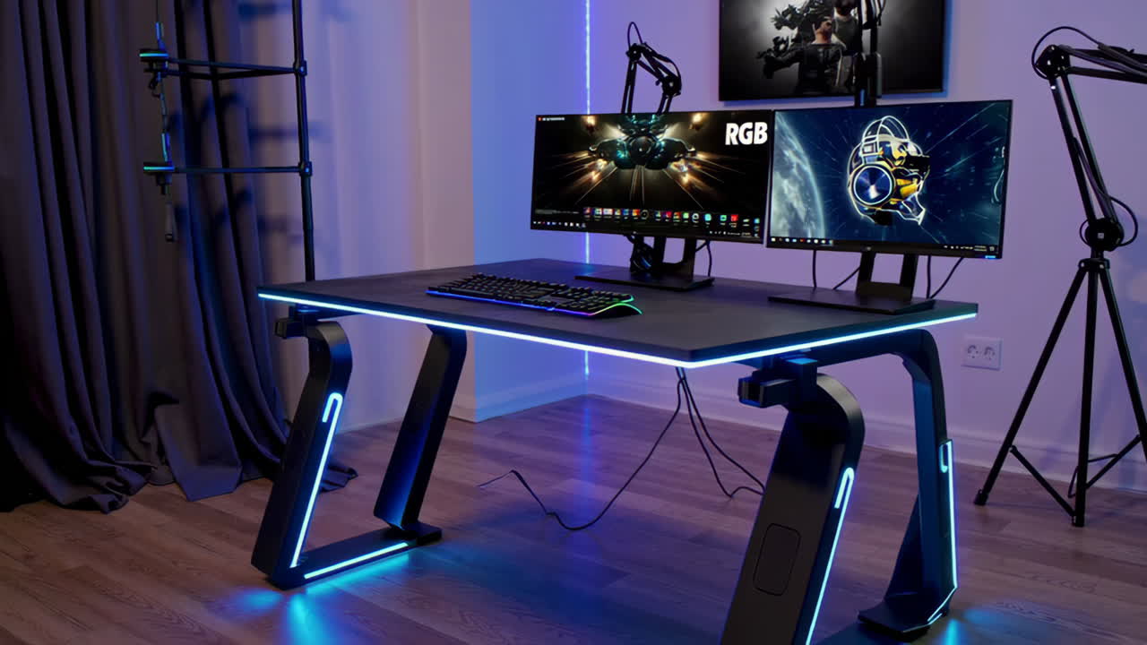 Modern Gaming Setup with Dual Monitors and RGB Lighting