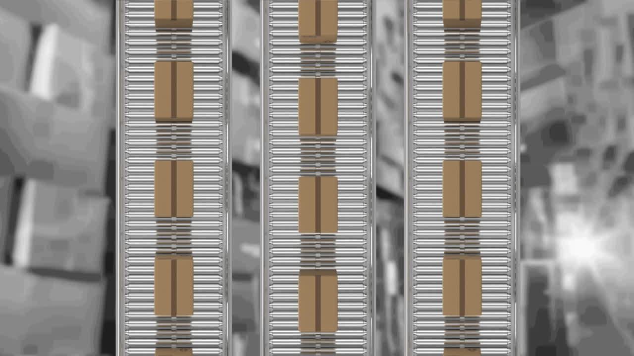 창고 위에서 컨베이어 벨트에 움직이는 카드보드 상자의 애니메이션