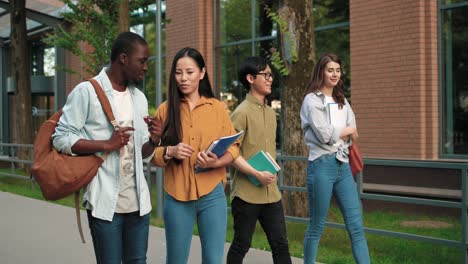 vista completa de un grupo de estudiantes multiétnicos hablando y caminando por la calle cerca de la universidad