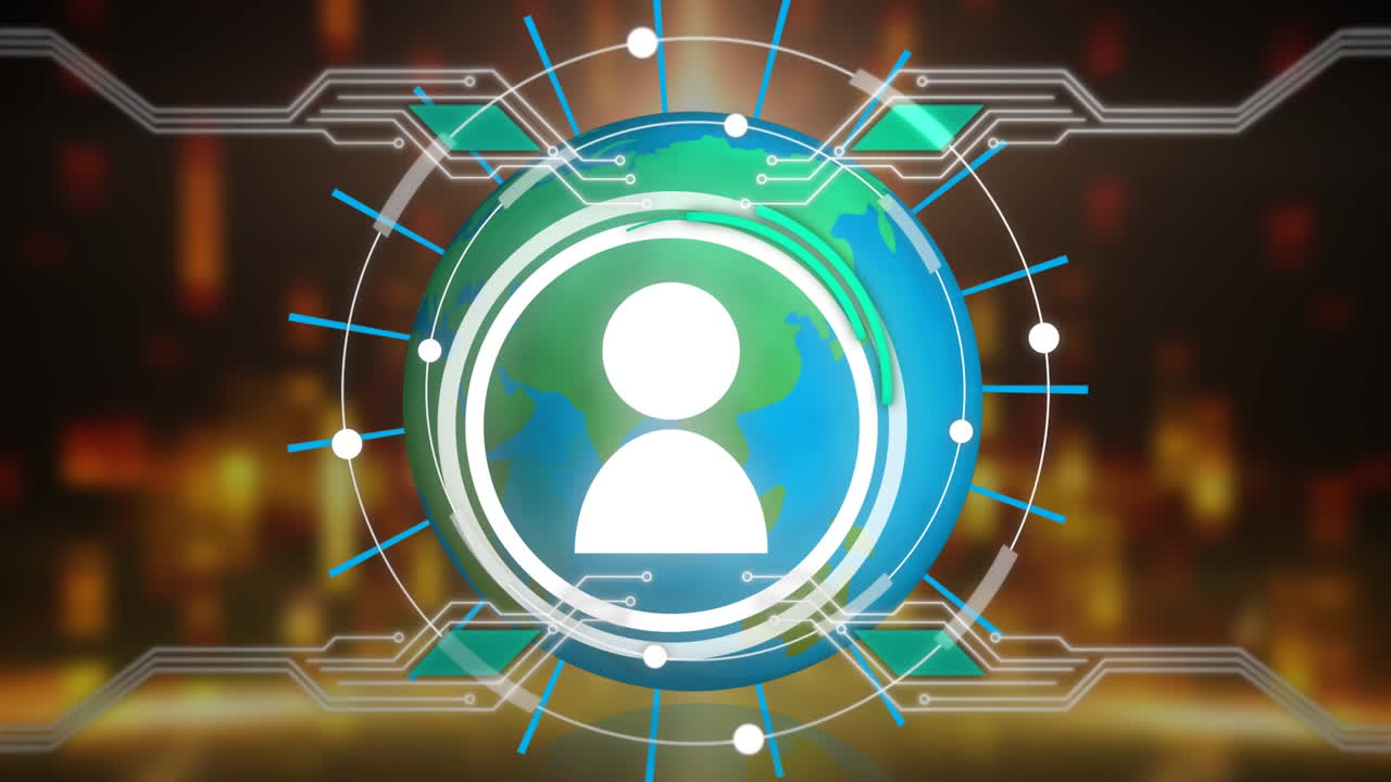 animación de icono de personas moviéndose en círculos blancos en esfera azul y fondo de color