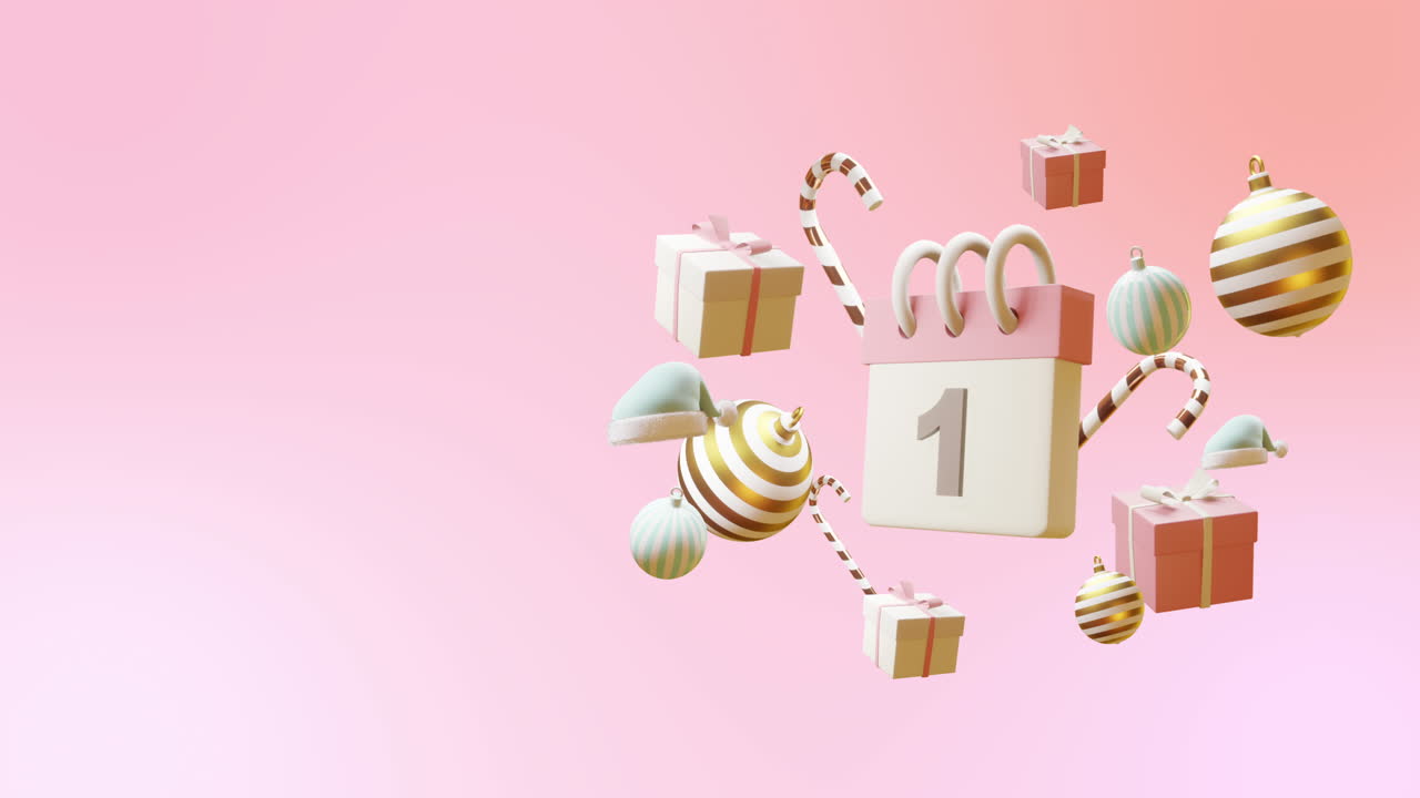 핑크색 배경 에 숫자 1 과 크리스마스 장식 을 가진 달력 의 애니메이션
