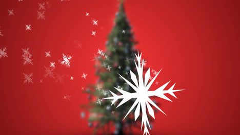 Animation-of-snow-falling-over-christmas-tree-on-red-background