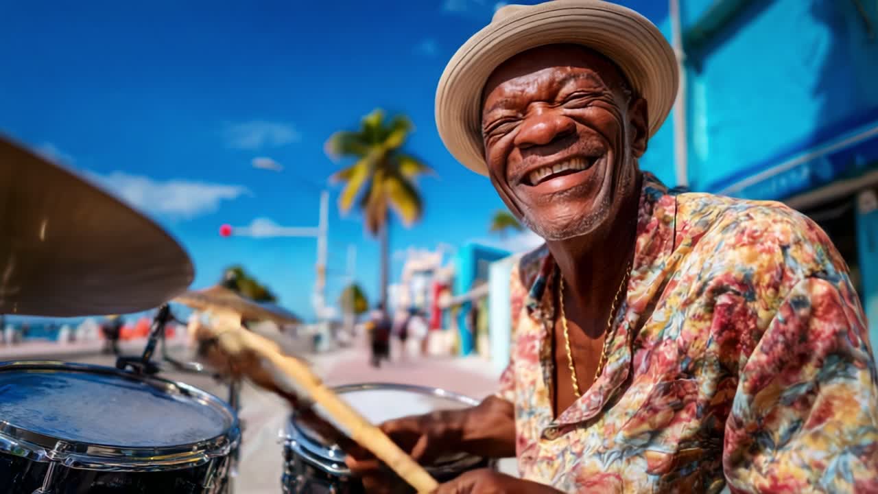 Joyful Drummer Performing on a Lively Street with Palm Trees in the Background, Radiating Happiness and Energy Through Rhythm and Music in a Vibrant Atmosphere