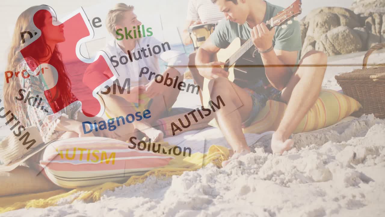 여름 해변 파티에서 행복한 친구들 위에 다채로운 퍼즐 조각과 자폐증 텍스트의 애니메이션