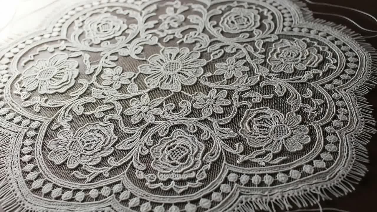 Exquisite Handcrafted Lace Tablecloth Showcasing Intricate Floral Patterns and Delicate Detailing on a Rustic Wooden Surface