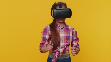 Child-girl-kid-using-virtual-reality-VR-app-headset-to-play-simulation-3D-video-game-watching-video