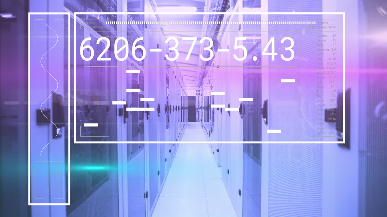 서버 방 위의 직사각형에서 변화하는 숫자, 선 및 로딩 바의 애니메이션