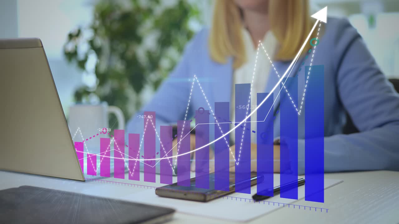 Businesswoman Analyzes Business Statistics In Office Overlayed With Holographic Charts And Graphs. - closeup shot
