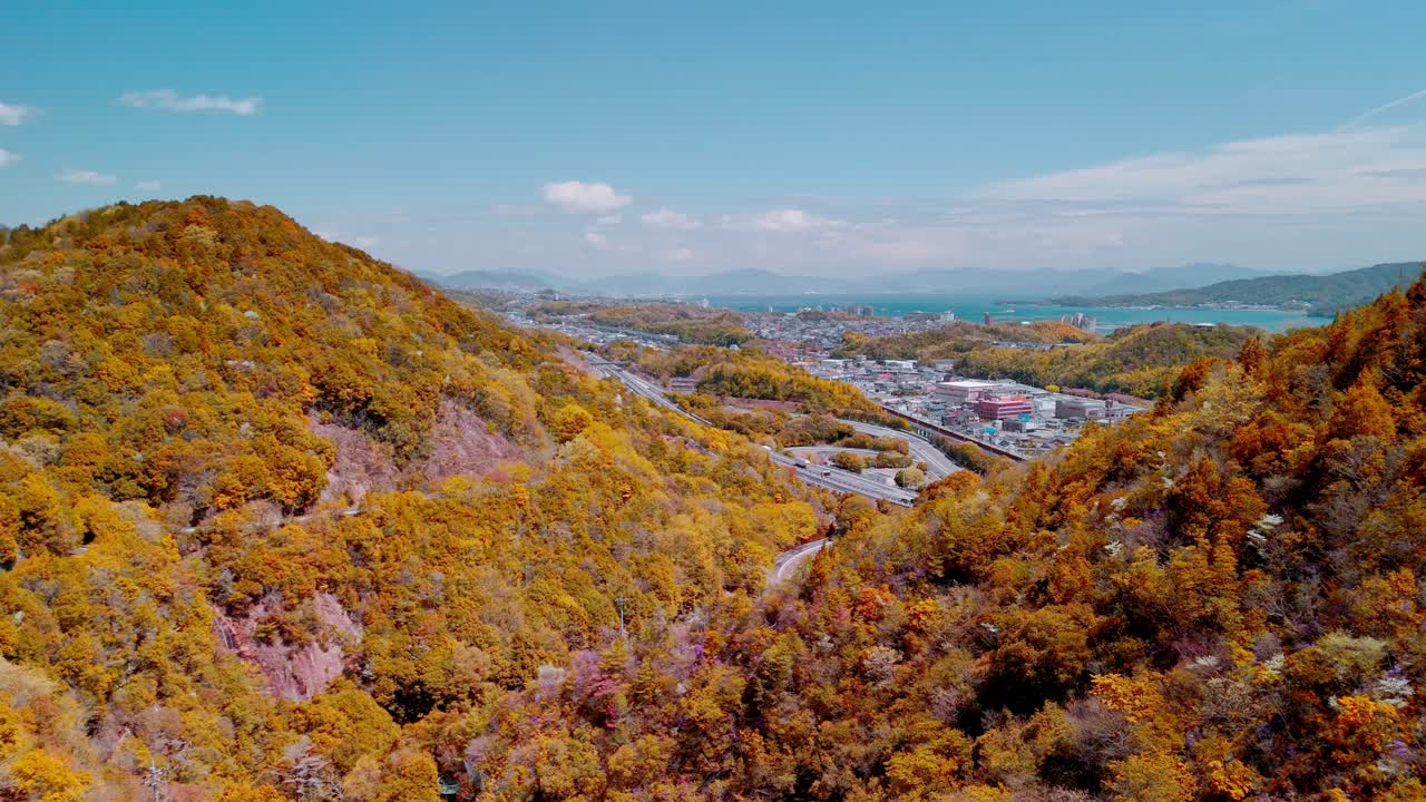 Stunning aerial shot of a Japanese mountain valley in peak autumn colors. A highway winds towards a coastal city, with a temple nestled among the golden trees.