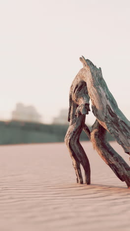 driftwood on a sandy beach at sunset