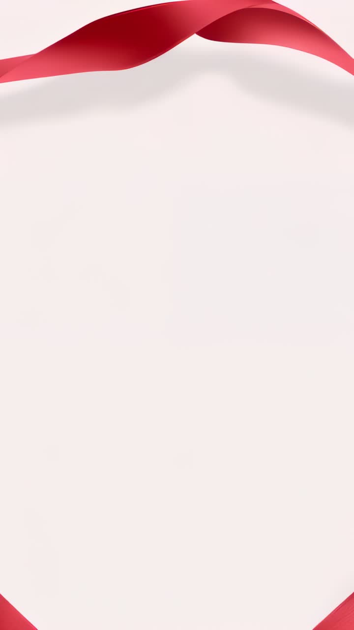 Vertical video: Loop starting, red ribbon shifting and curving across warm beige title card