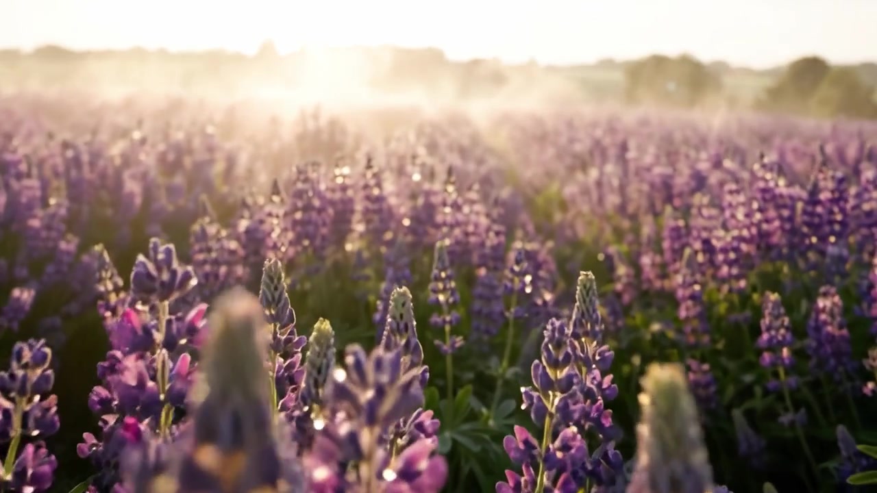 A Breathtaking Panorama of Lush Purple Wildflowers Illuminated by the Soft Glow of Morning Light, Capturing the Serenity of Nature in Full Bloom
